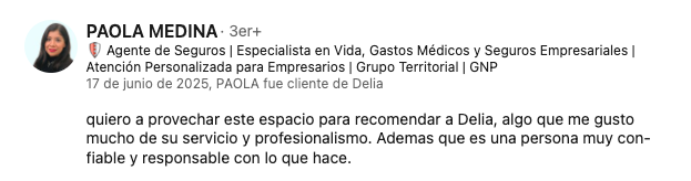 Recomendación de LinkedIn sobre el acompañamiento de Delia Malta